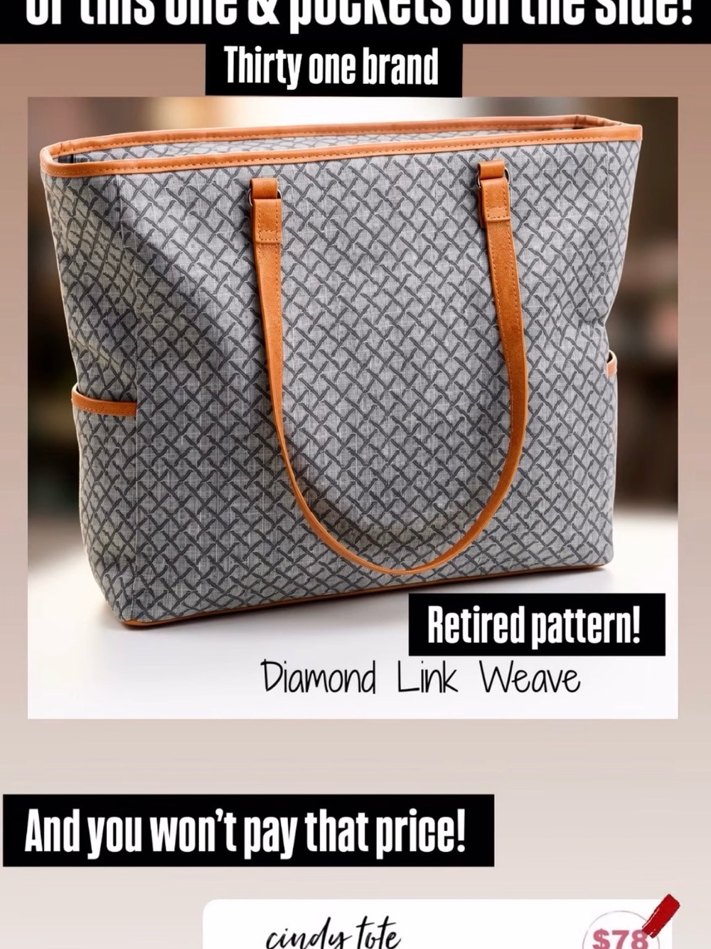 thirty-one Gray Diamond Link Weave Tote with Tan Trim